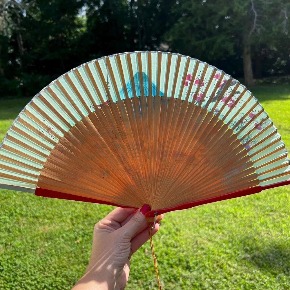 Vintage Hand-Painted Japanese Hand-Held Folding Wood Fan